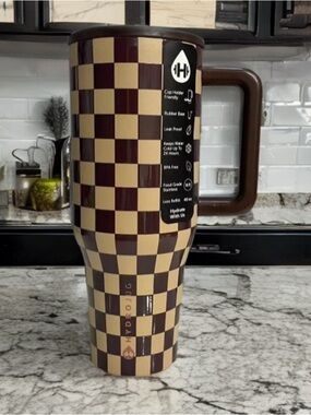 ravel Brown and Cream Checkered Insulated Travel Mug with Handle